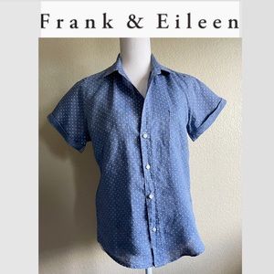 Frank & Eileen Short Sleeves Linen Polka Dot Shirt Small in Blue/White Dots